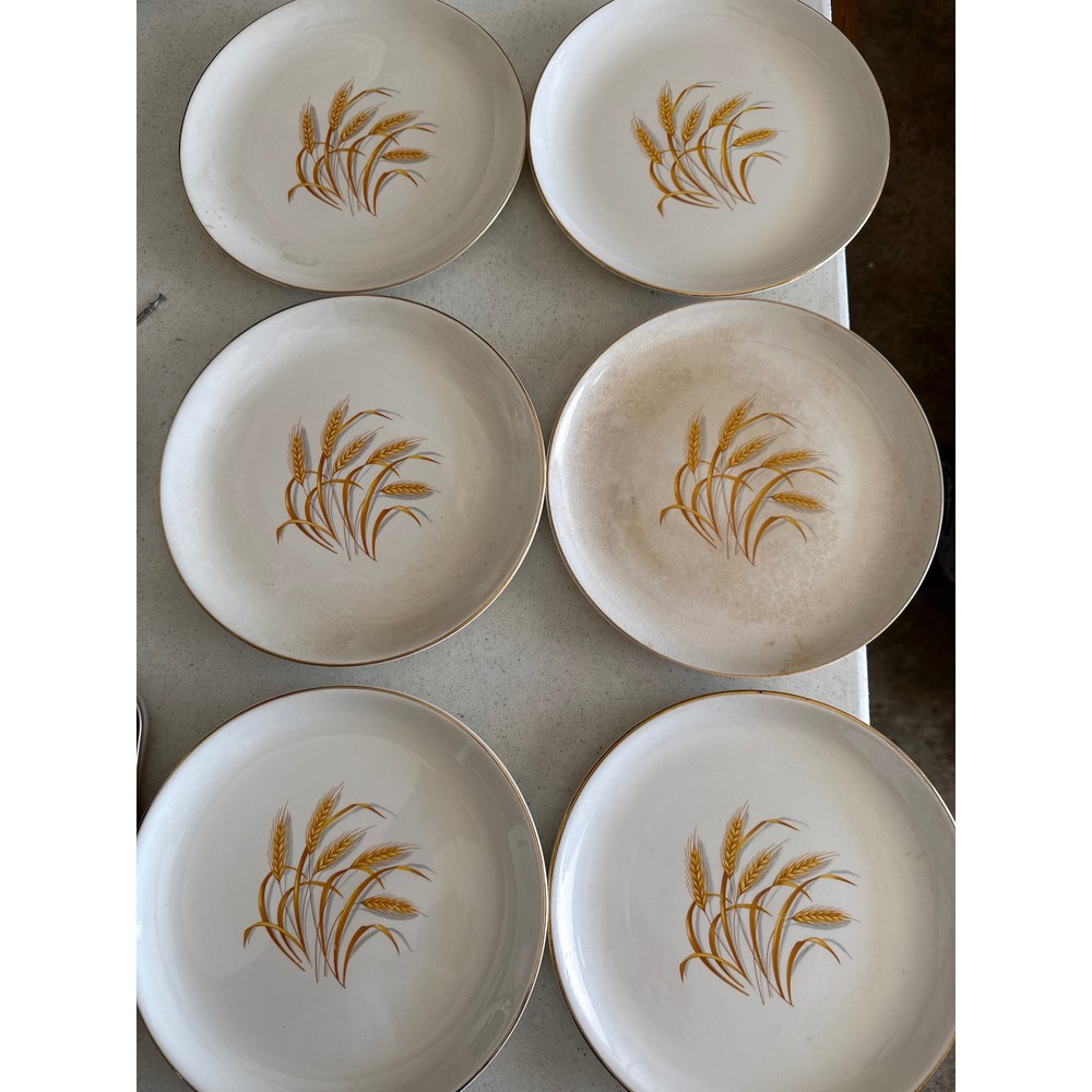 Vintage Golden Wheat Dinner Plates 22K Gold Trim USA Oven Proof Set of 6 10 inch